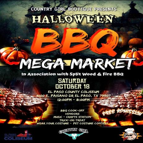 Halloween BBQ Mega Market at El Paso County Coliseum. Features BBQ cook-off, music, crafts. Free admission, October 18.