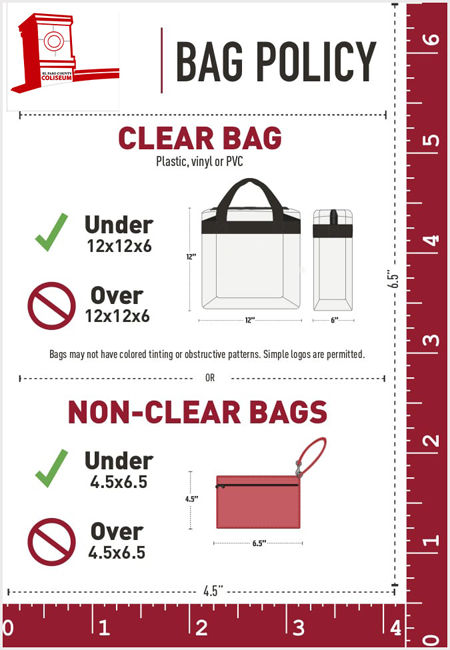 Bag policy graphic: clear bag (under 12x12x6) and non-clear bag (under 4.5x6.5) examples.
