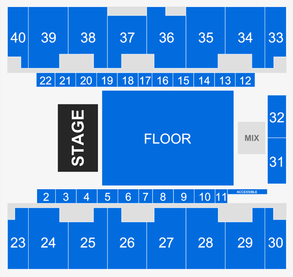 Venue seating chart with stage, floor, and numbered sections 1-40.