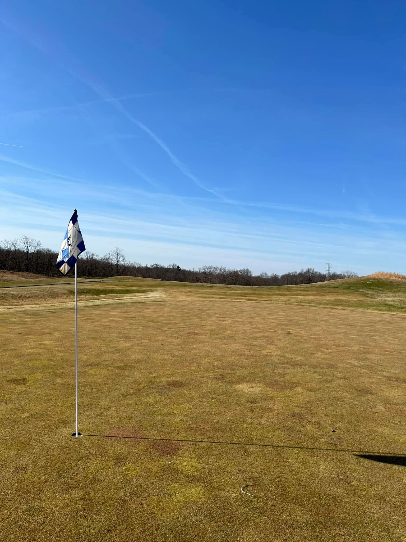 Golf course green with blue and white flag against a clear blue sky.