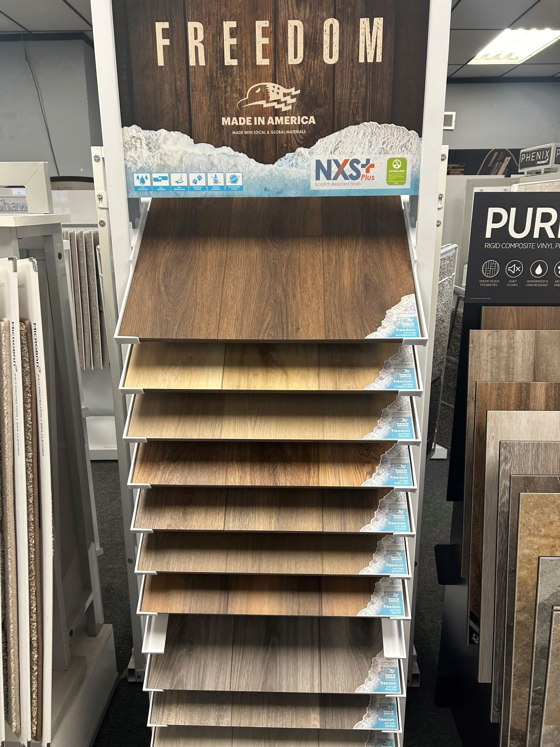 A display of freedom hardwood flooring in a store.