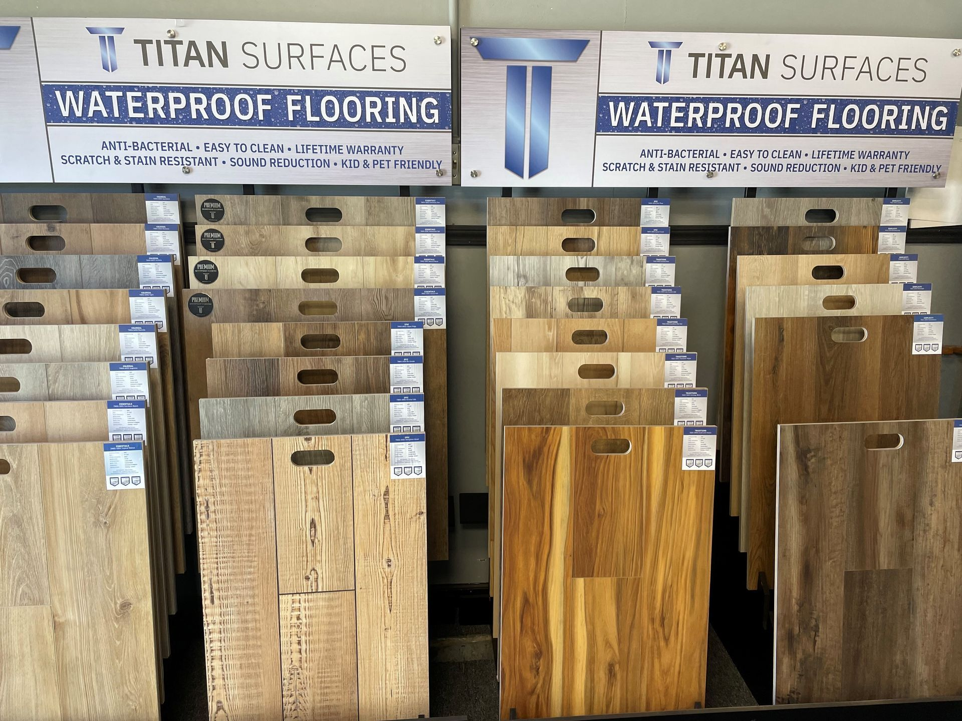 A display of titan surfaces waterproof flooring in a store