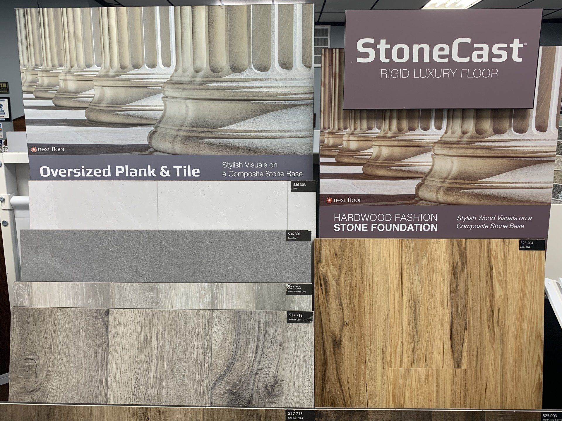 A display of oversized plank and tile from stonecast