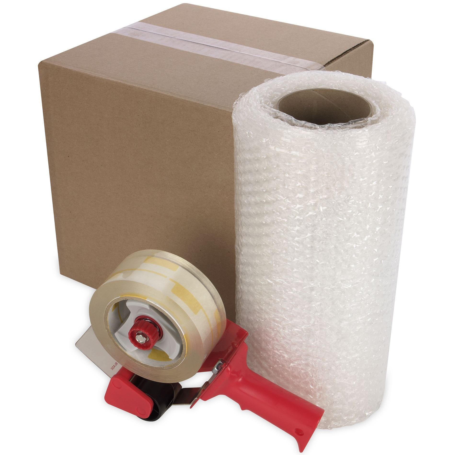 a cardboard box next to a roll of bubble wrap and a tape dispenser
