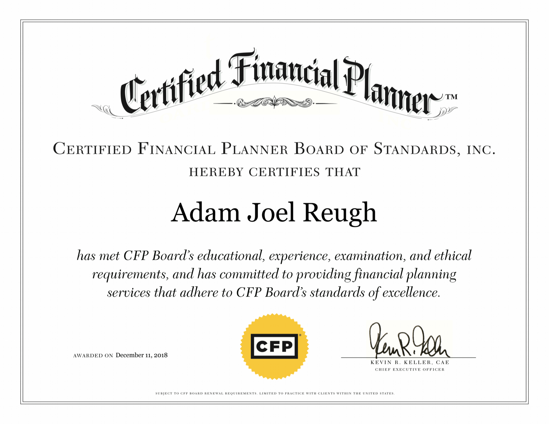 A certified financial planner certificate for adam joel reugh