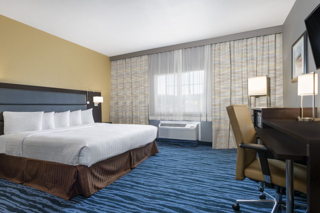 Hotel room with king bed, desk, and window with blue carpet and beige walls.