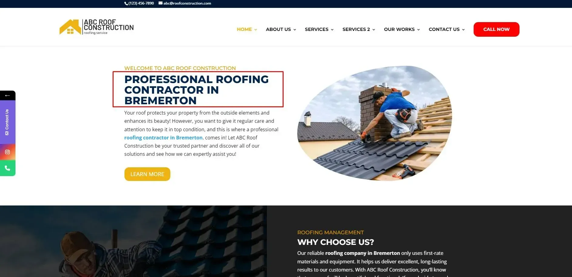 Website homepage: Professional roofing contractor in Bremerton. Roofer working on a roof.