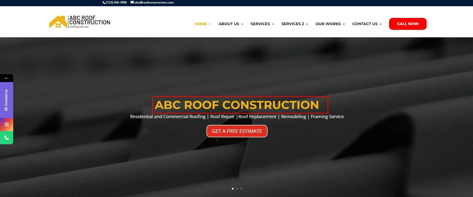 ABC Roof Construction website homepage with a call-to-action button. Dark gray background.