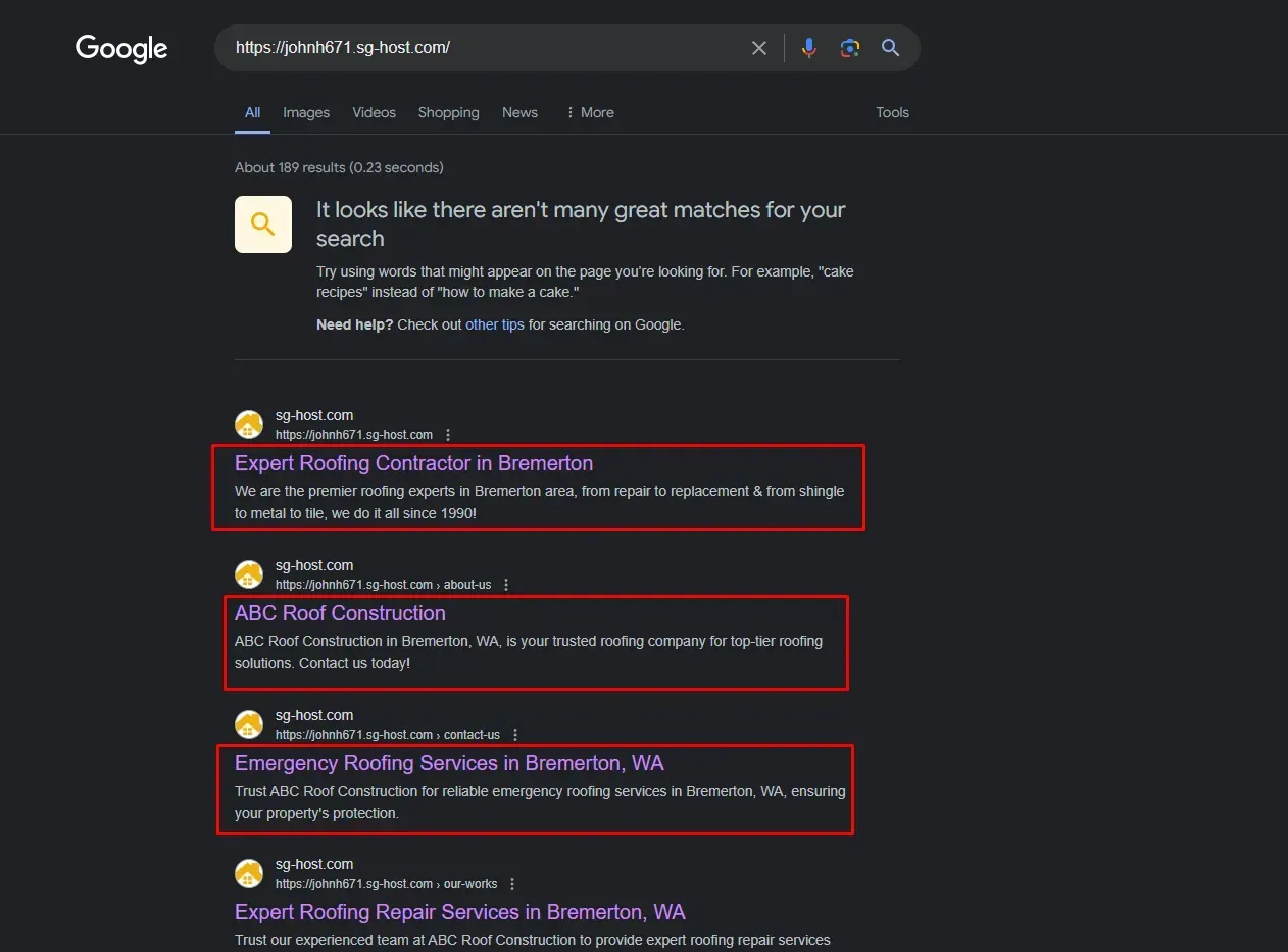 Google search results page with three highlighted website links.