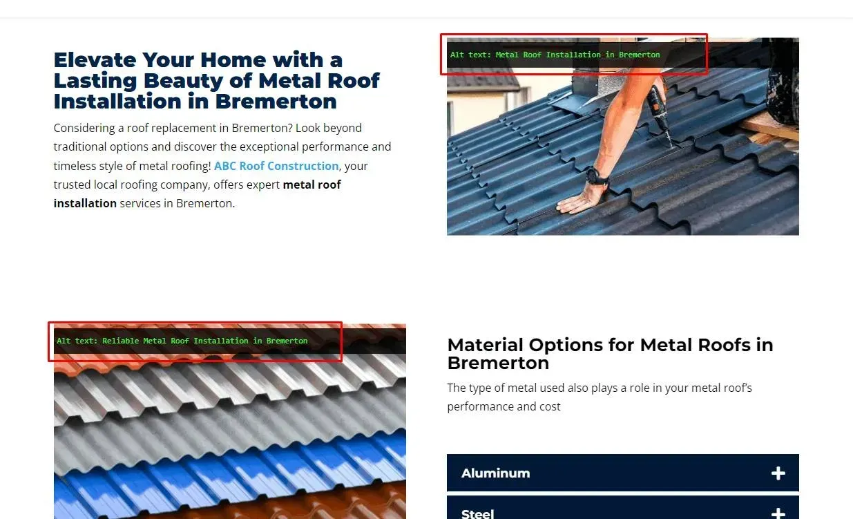 Webpage for metal roof installation, with text and images of roofs.