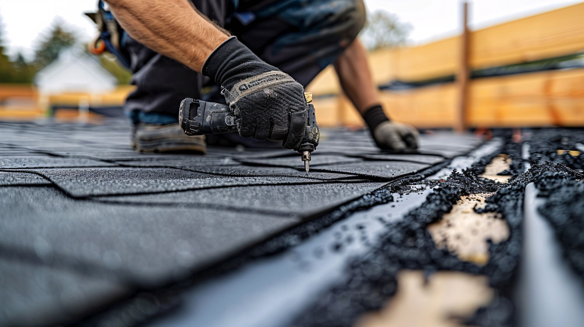 Roofer installing shingles with a power tool, wearing gloves, on a rooftop.
