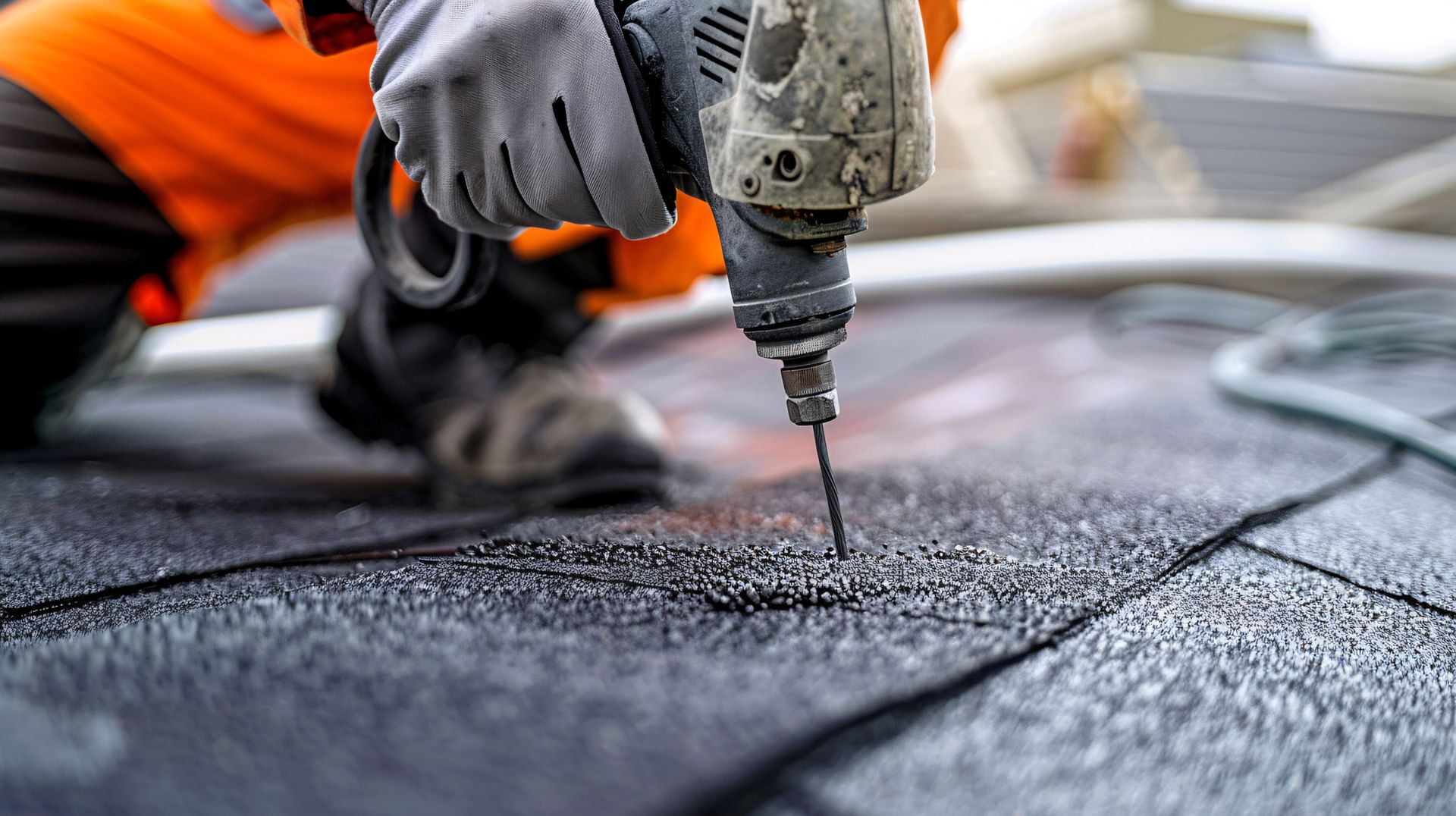 Worker in orange overalls using a drill on a black rooftop.