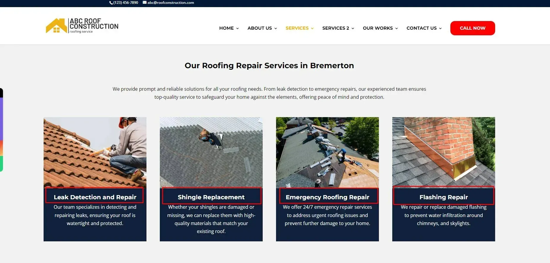 Website homepage with roofing repair services in Brentwood; four service options with photos.
