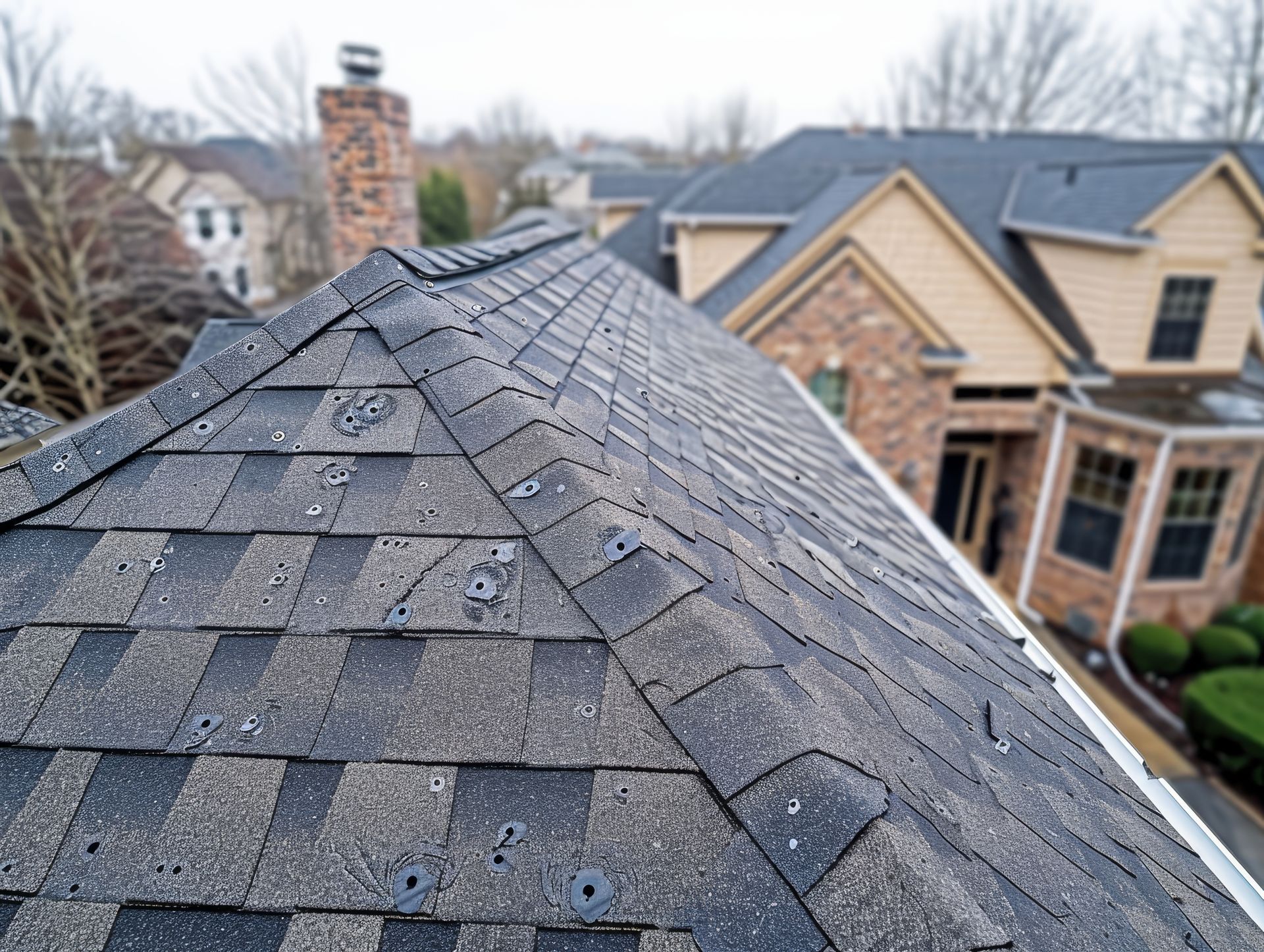 View of a house roof with dark gray shingles, leading to a visible rooftop chimney in a residential setting.
