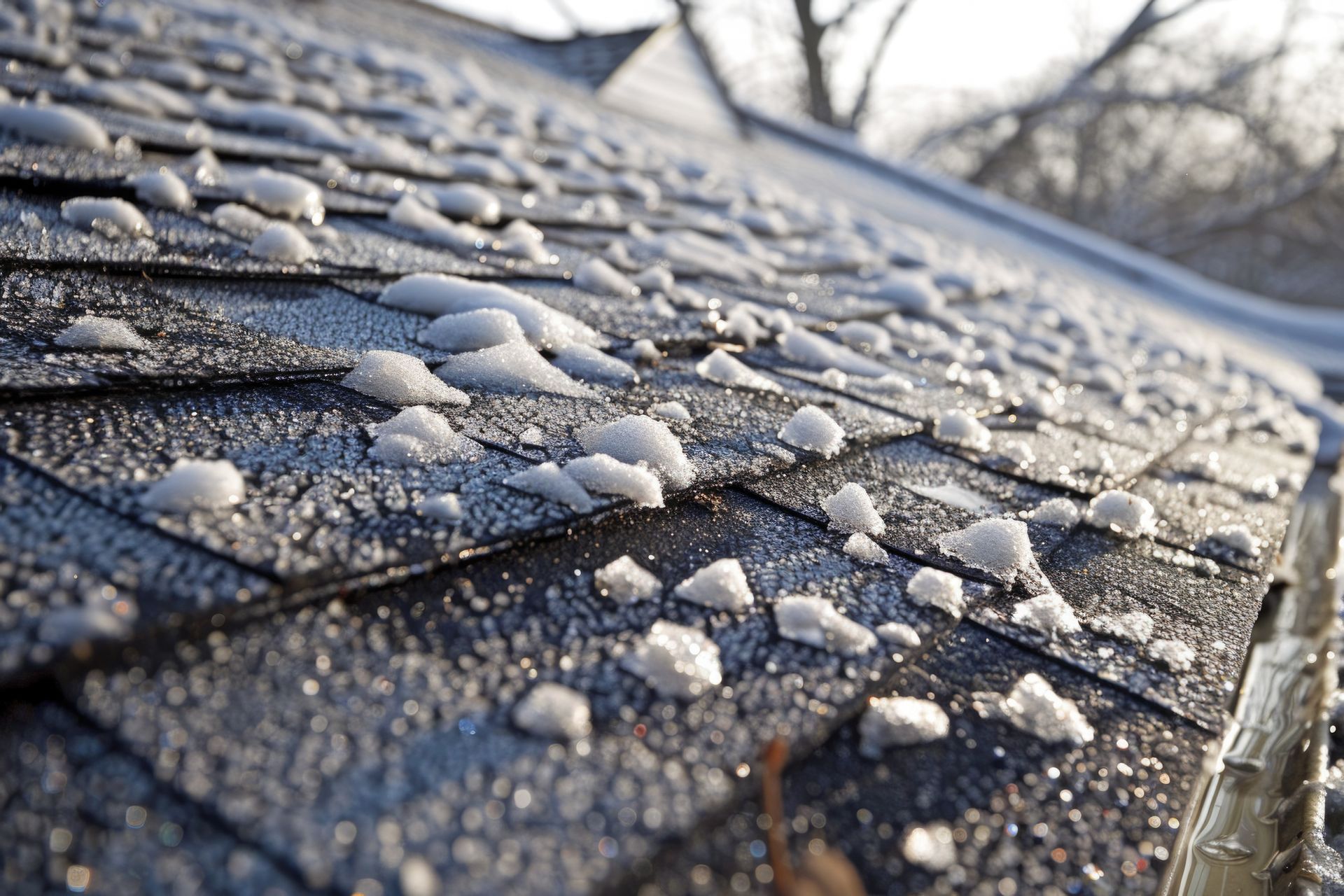 Snow and ice on a dark shingled roof under a bright sky.