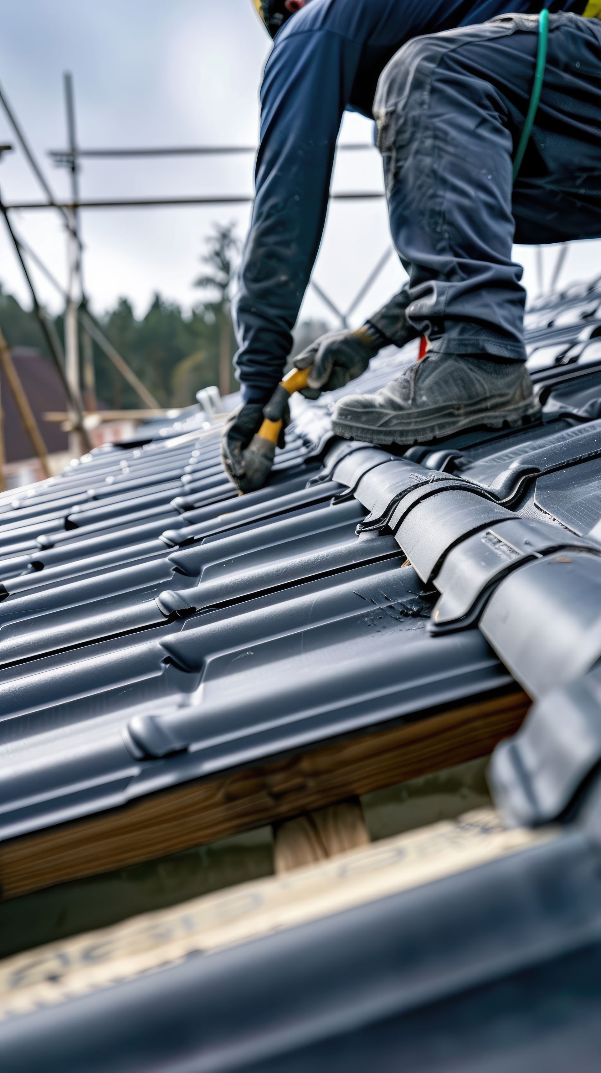 Roofer on a roof installing dark gray tiles.  He wears work boots and gloves while using a tool.