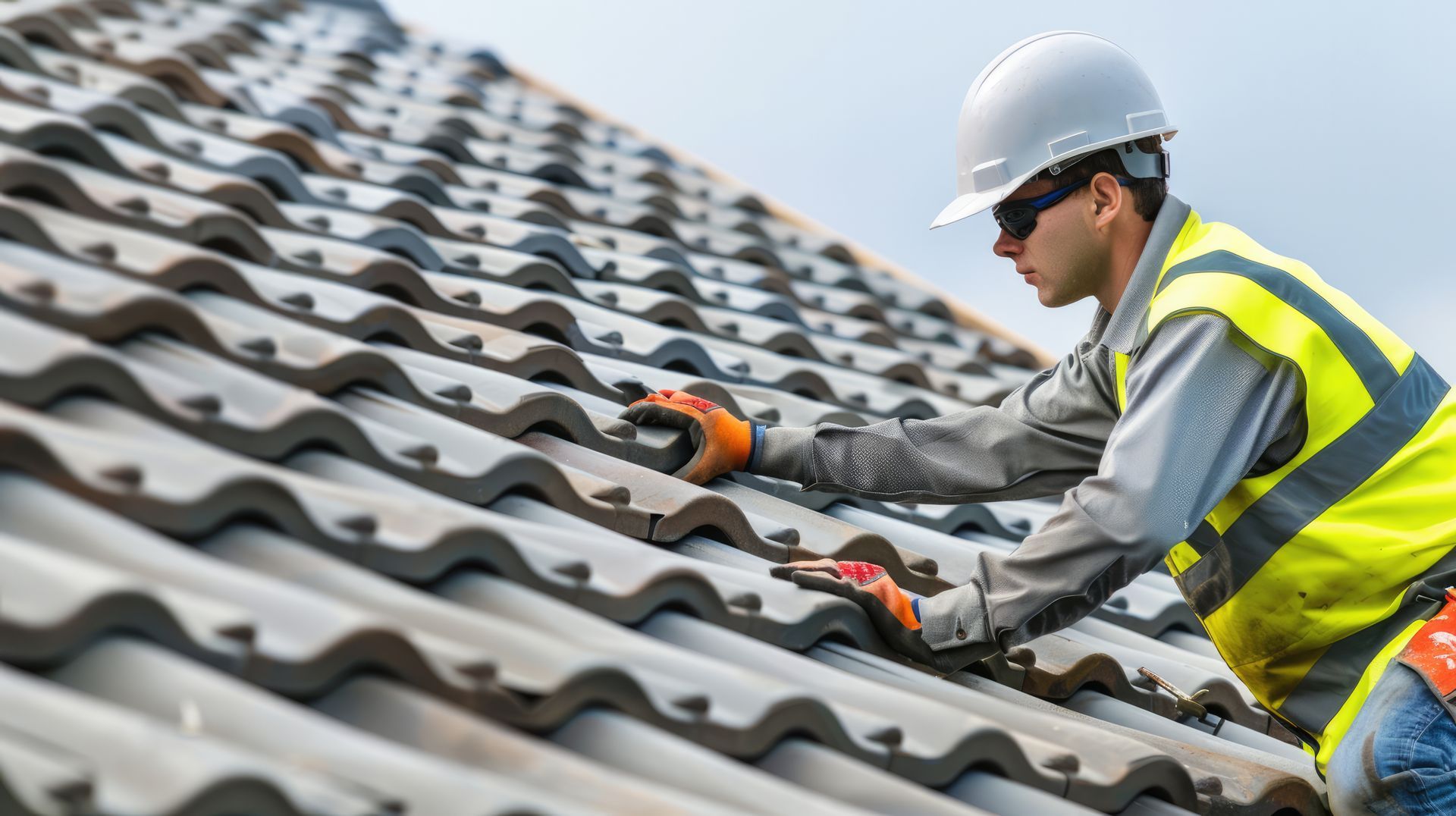 Roofer in hardhat, safety vest, and gloves working on a tiled roof.
