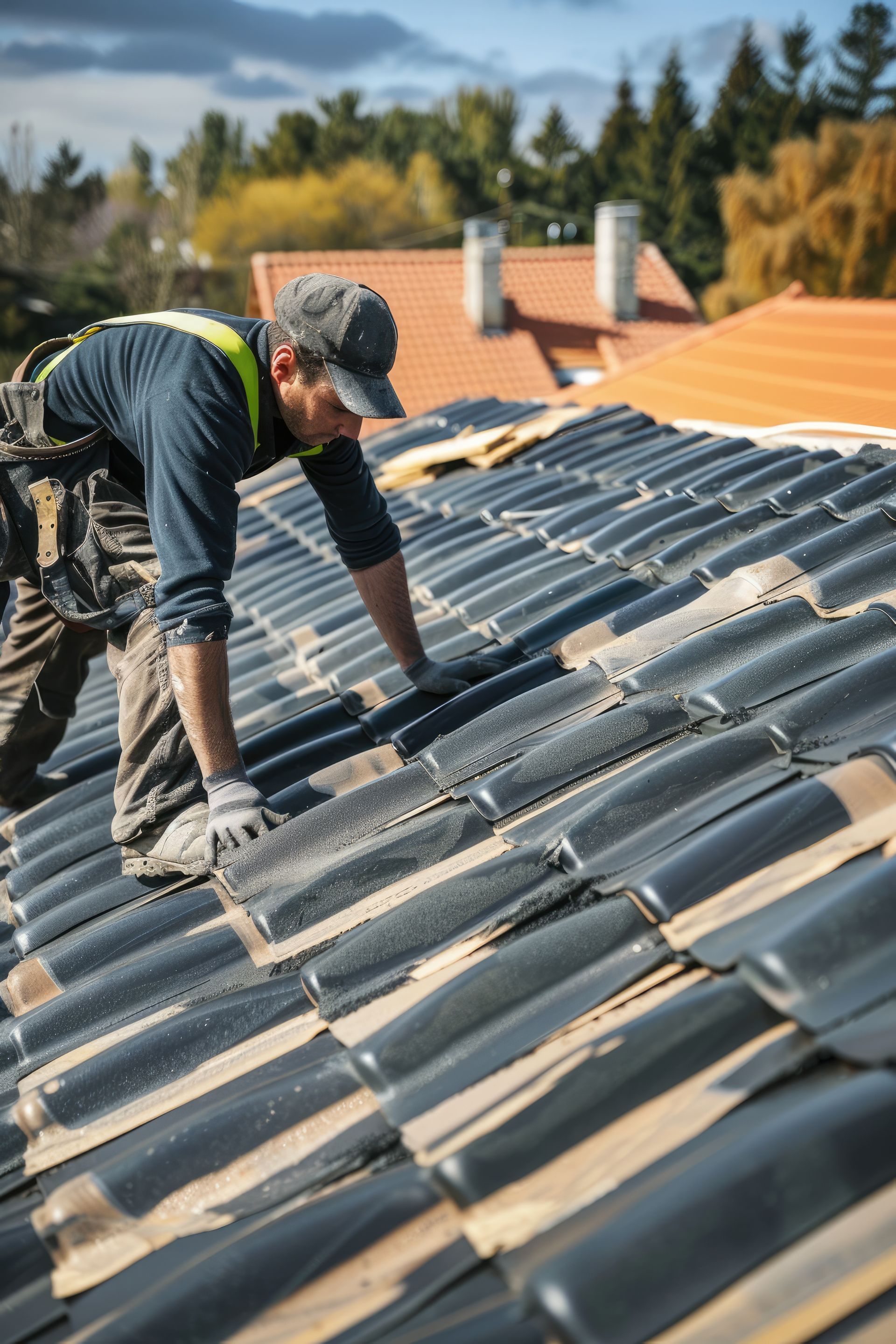 Roofer on a tiled roof, inspecting or installing dark gray tiles. Sunlight, blue sky, and other roof visible.
