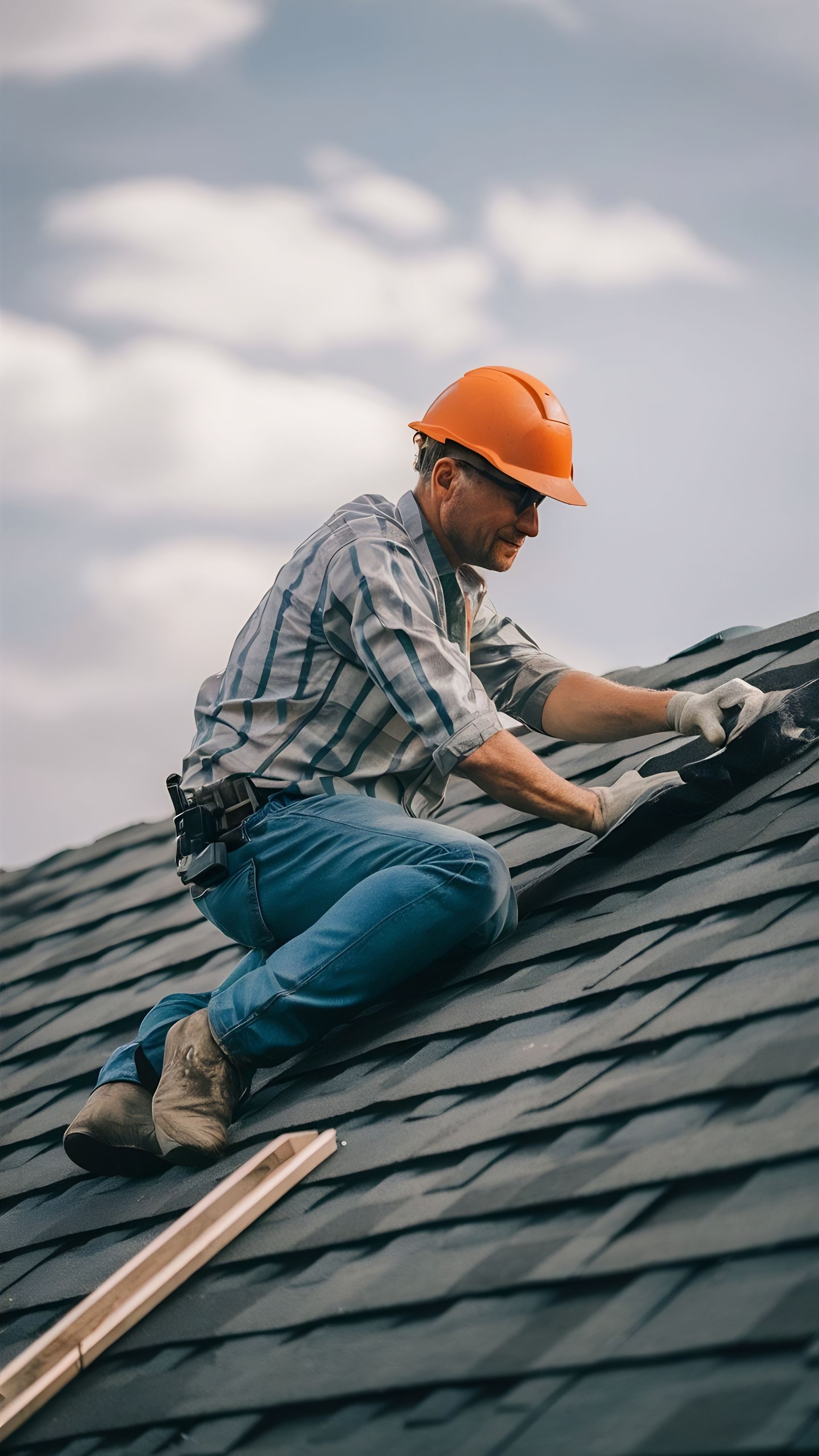 Roofer in an orange helmet, wearing gloves, repairing a dark shingle roof, cloudy sky background.