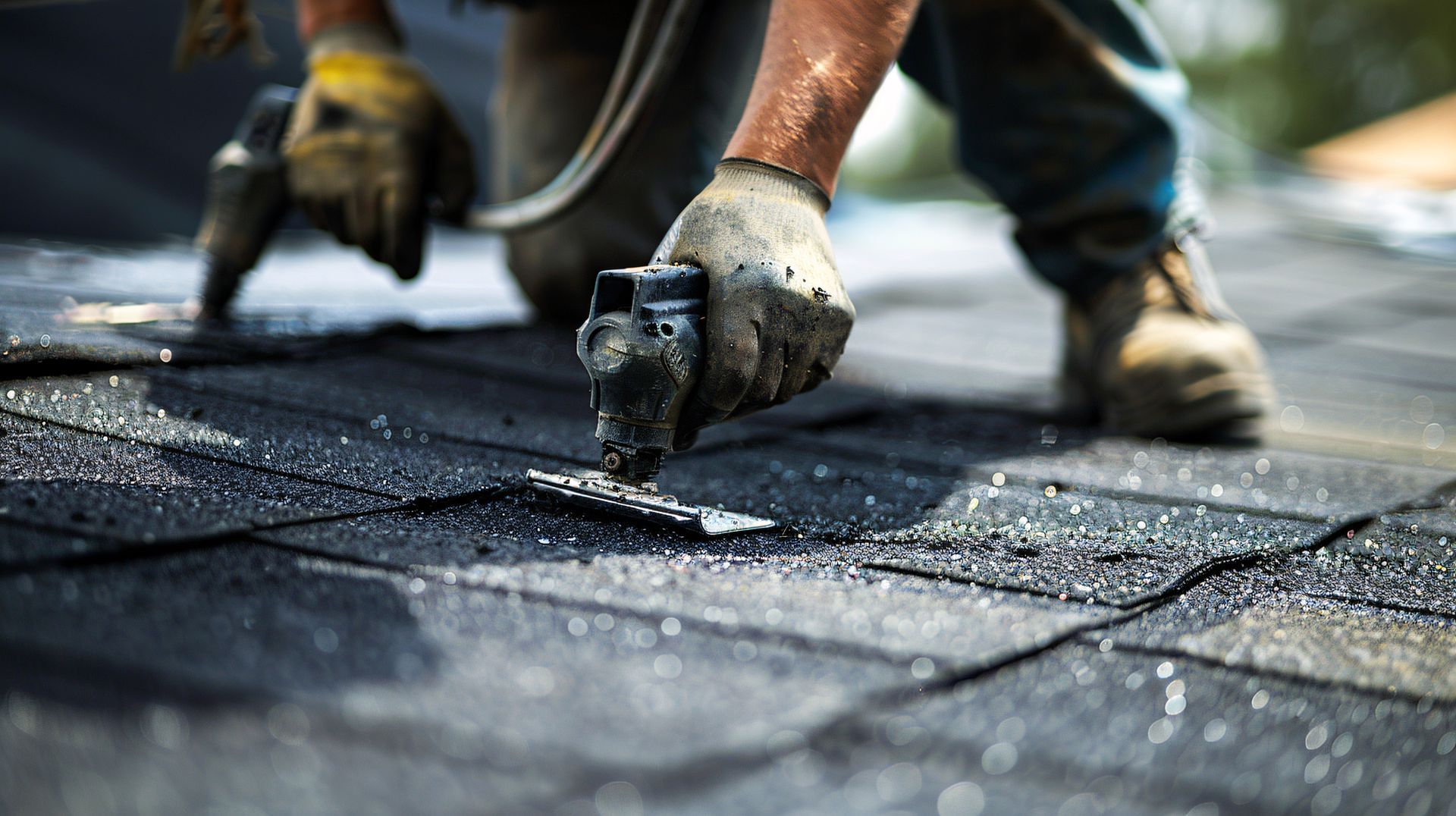 Roofer installing shingles, kneeling on a roof, wearing gloves, holding a tool, working outside.