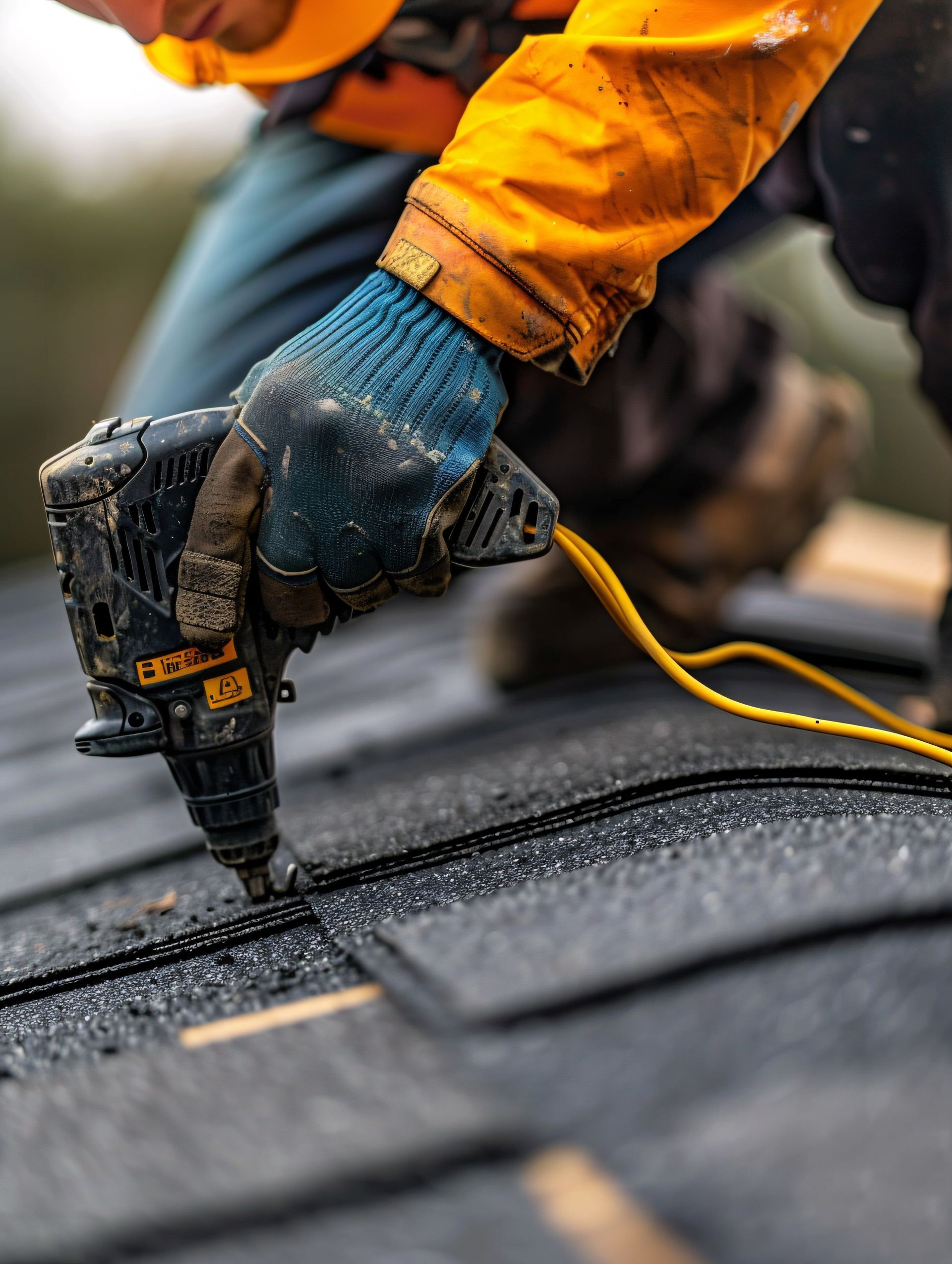 Roofer using a nail gun on a dark-shingled roof. He is wearing a yellow jacket and blue work gloves.