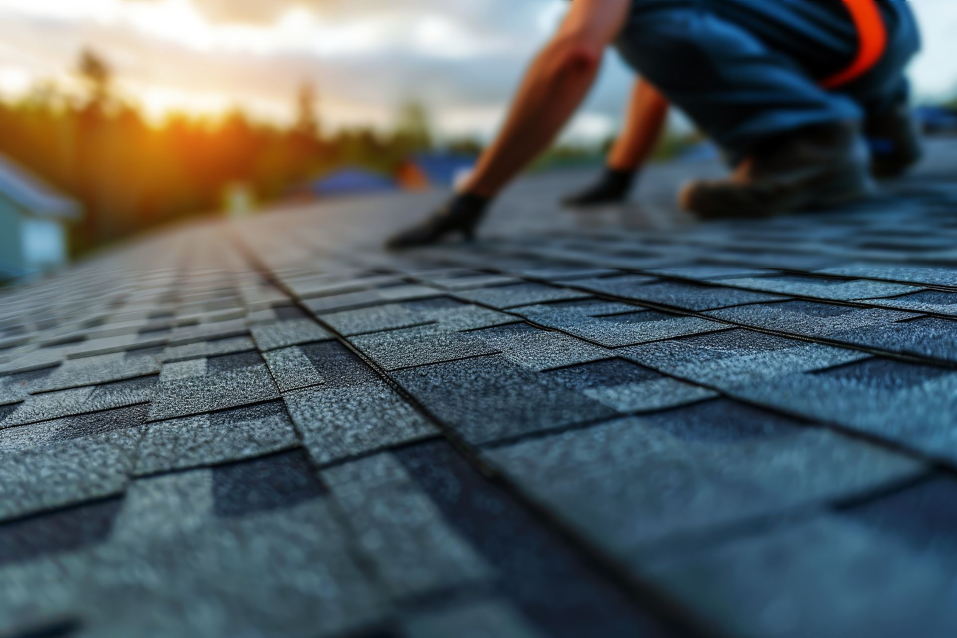 Roofer installing dark gray asphalt shingles on a roof under a cloudy sky.