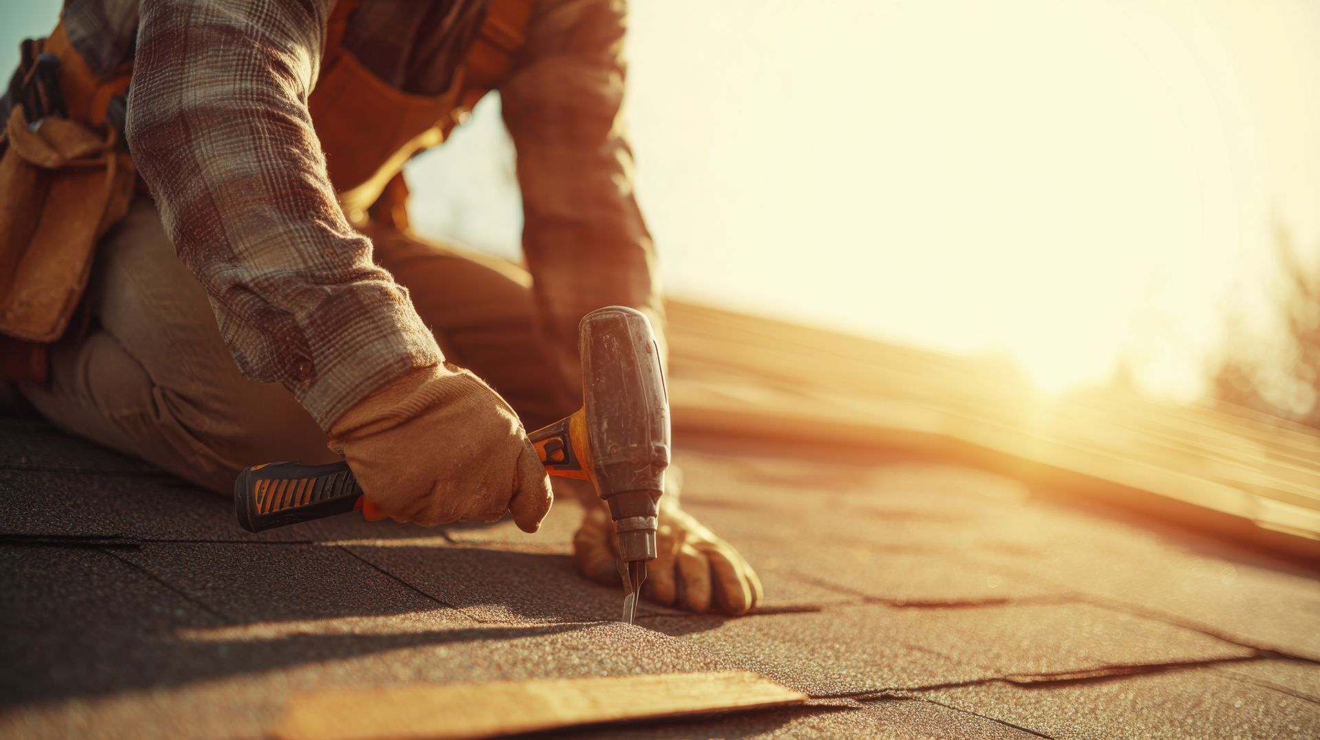 Roofer on a roof, using a drill to install shingles, working in bright sunlight.
