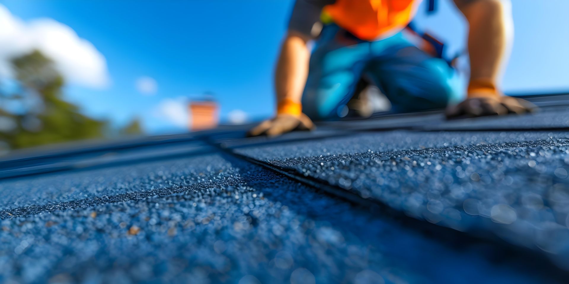 Roofer on a blue asphalt shingle roof under a bright blue sky.