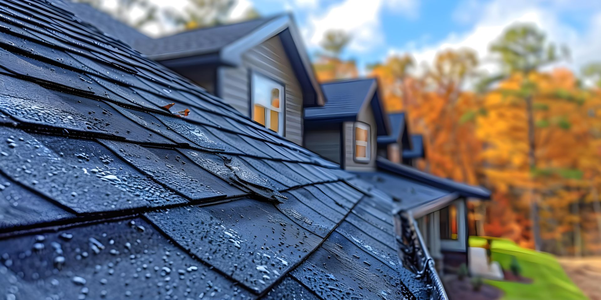 Close-up of a wet, black roof with raindrops. In the background is a house and fall foliage.
