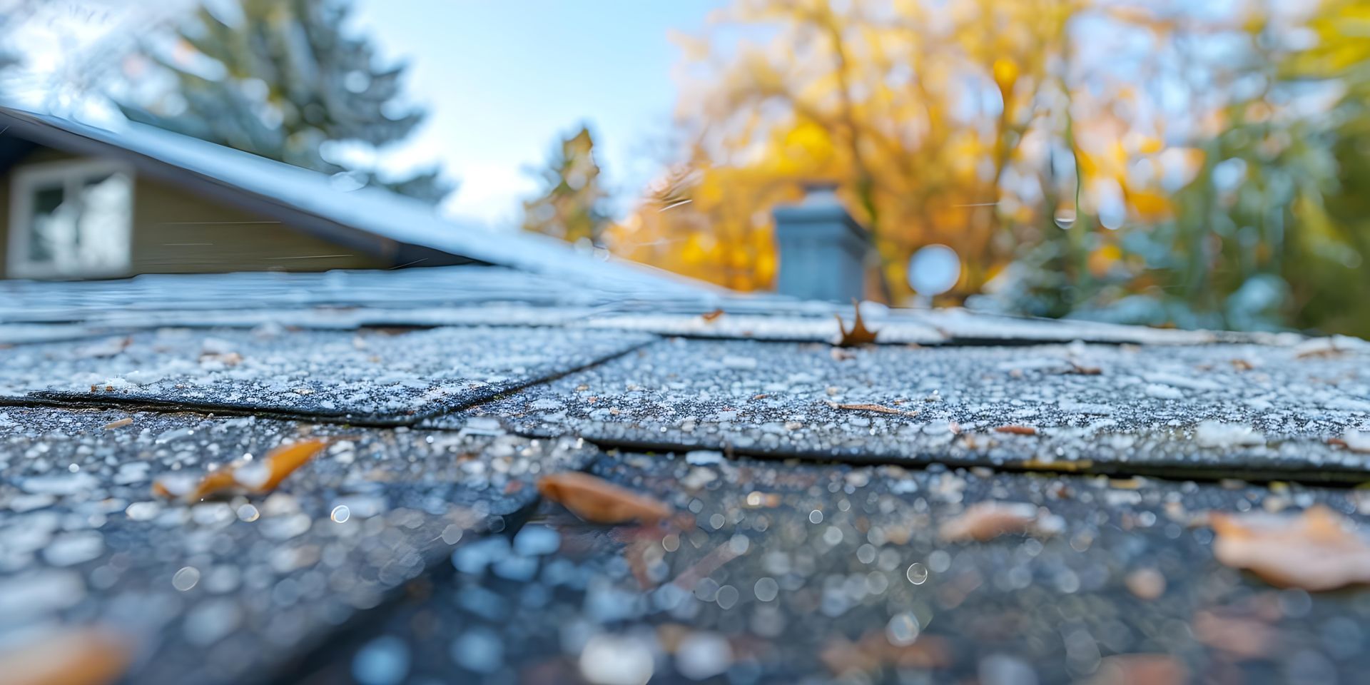 Close-up view of a shingled roof covered in frost, with a blurred background of autumn trees.