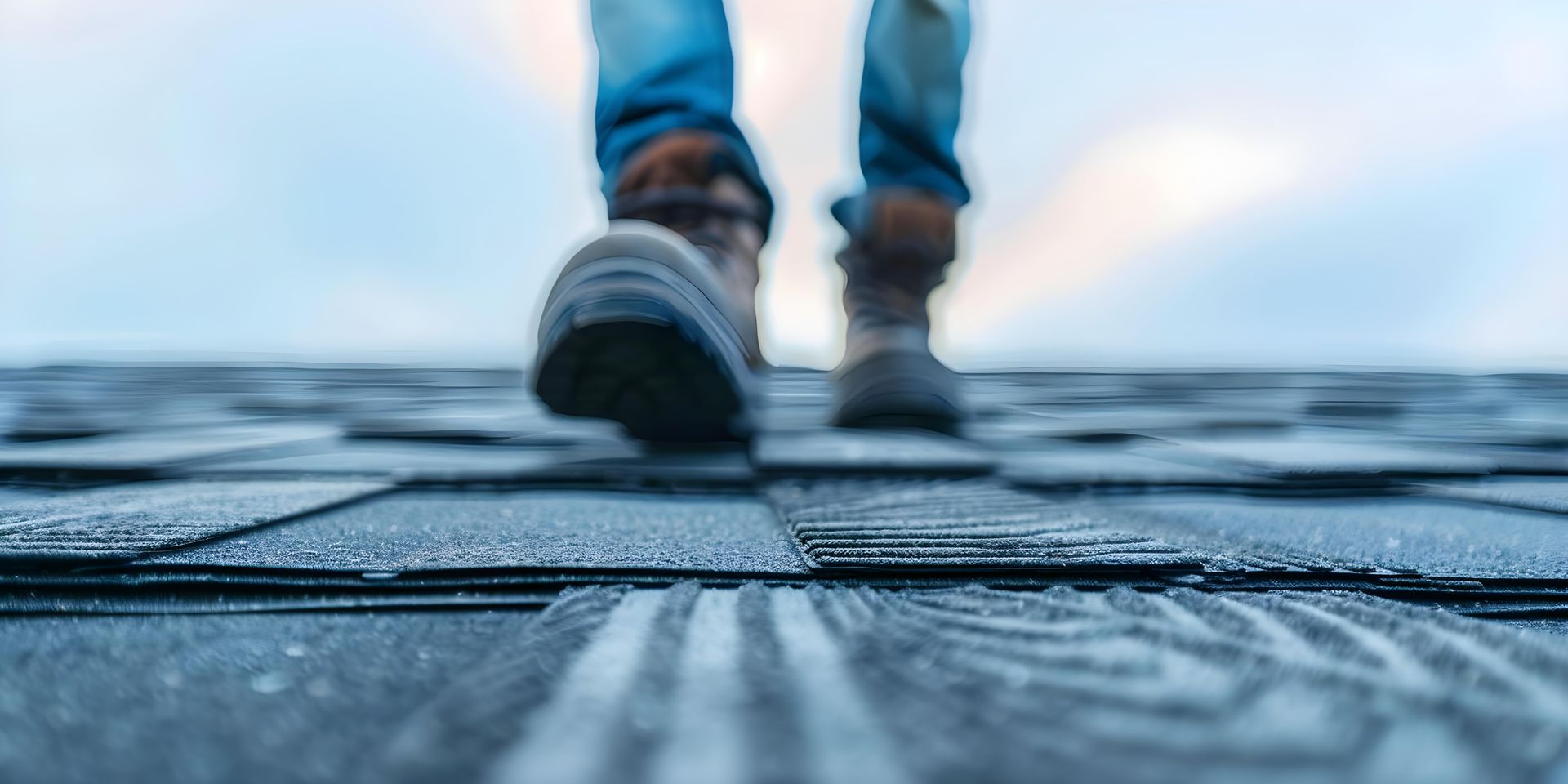 Person walking on a rooftop covered in frost. Low angle perspective with blue sky backdrop.