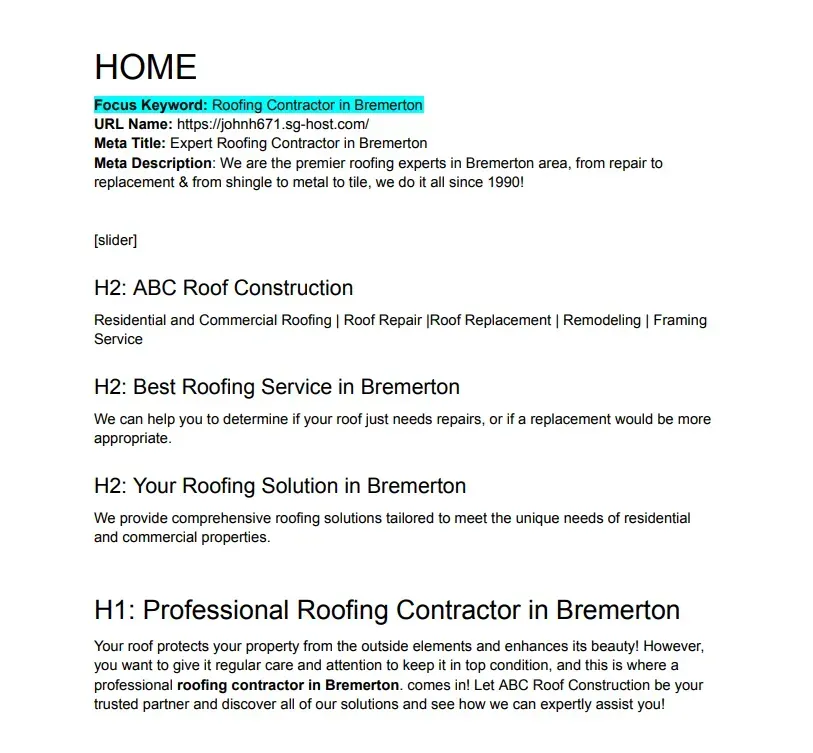 Screenshot of a webpage's SEO content, including the focus keyword 