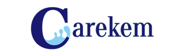 A blue and white logo for carekem on a white background