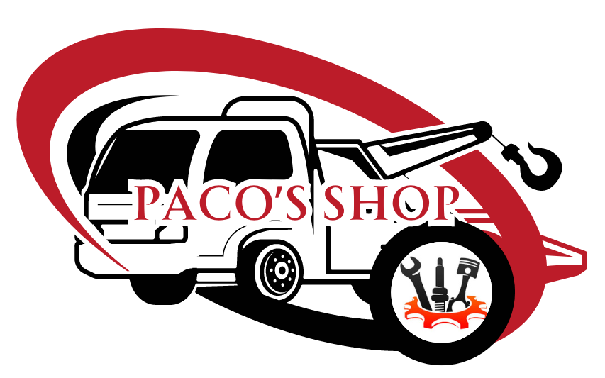 The logo for paco 's shop is a tow truck with a hook on the back.