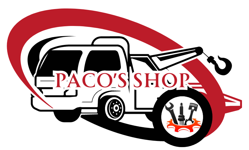 The logo for paco 's shop shows a tow truck with a hook on the back.