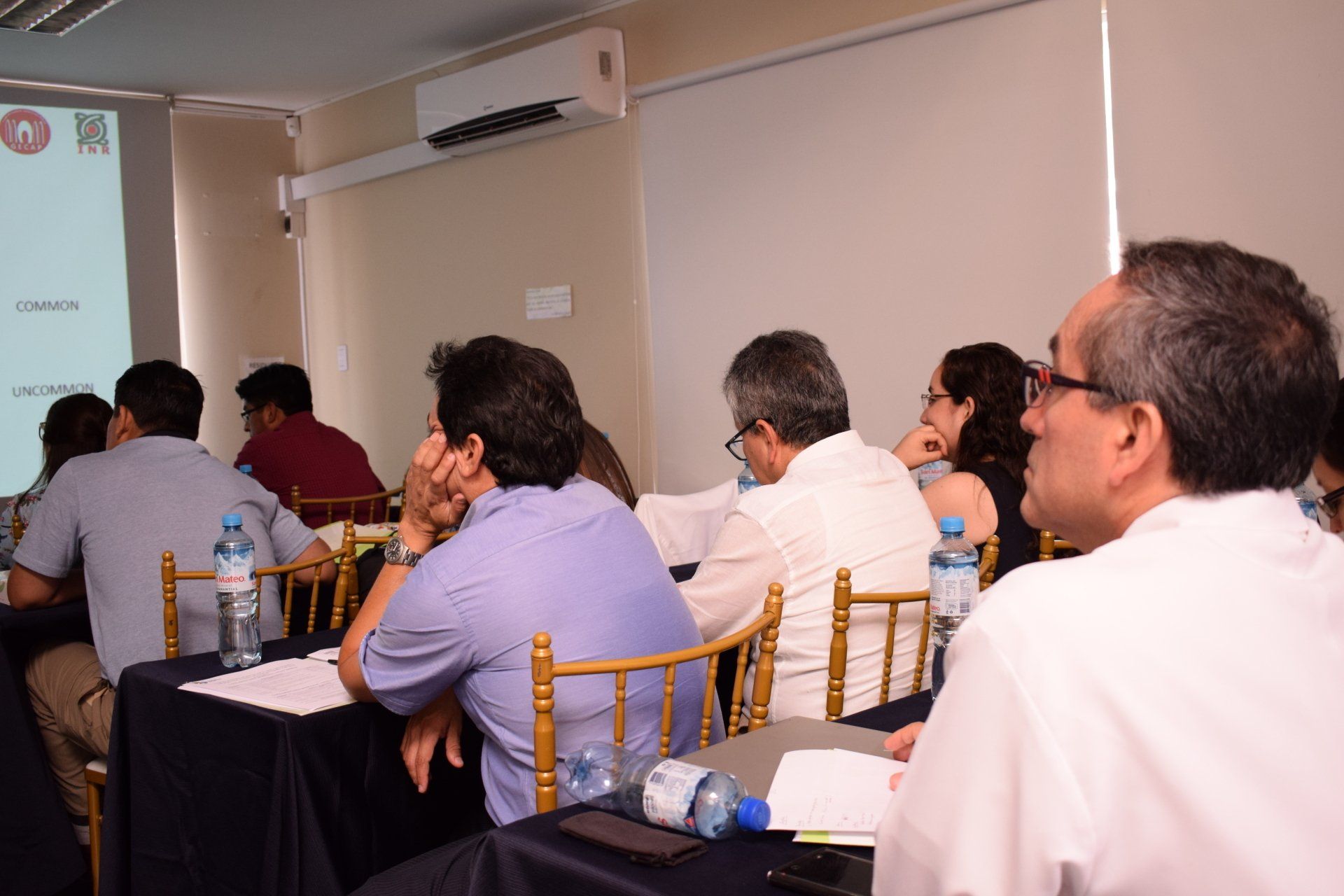 Un grupo de personas están sentadas en mesas en una sala viendo una presentación.