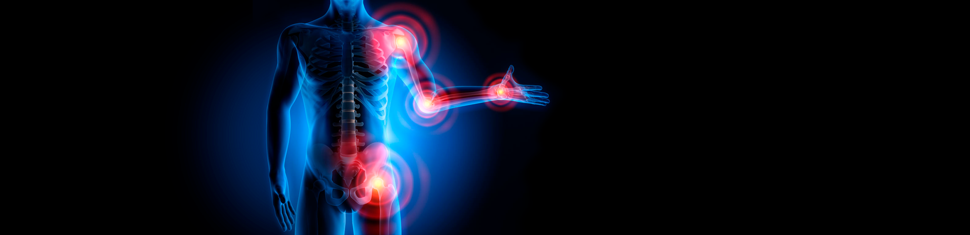 Una imagen generada por computadora del esqueleto de una persona con luces rojas y azules saliendo de él.