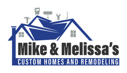 Logo for Mike & Melissa's Custom Homes and Remodeling, featuring a blue house with tools on the roof.