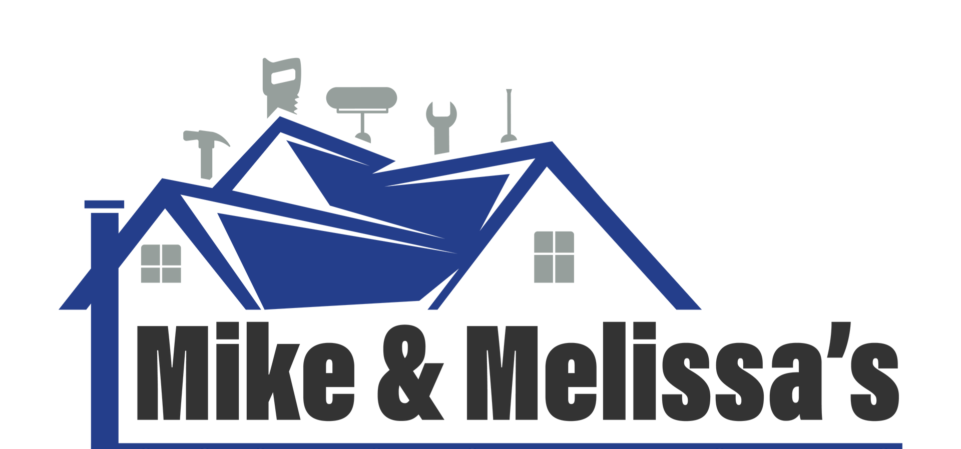 Logo for Mike & Melissa's Custom Homes and Remodeling, featuring a blue house with tools on the roof.