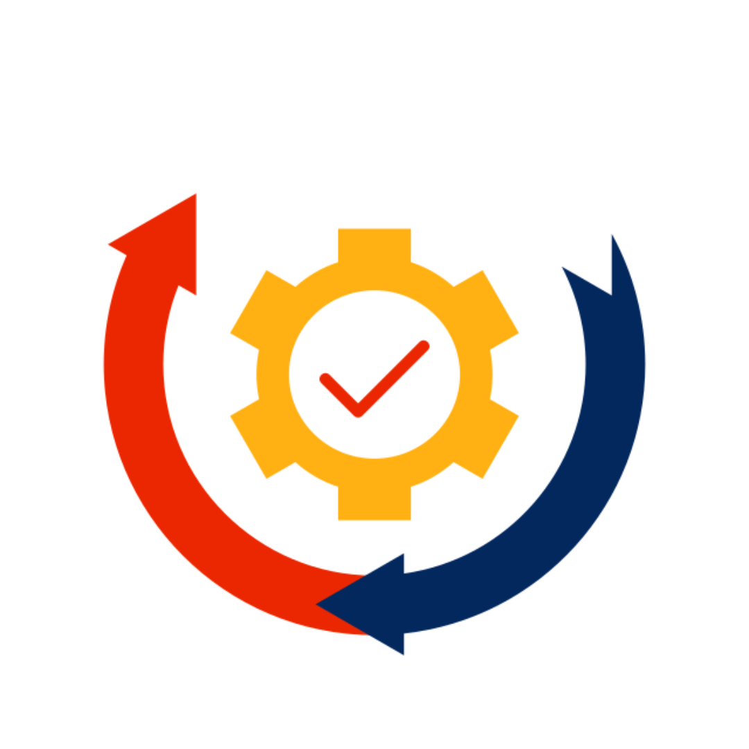 Gear with a check mark, encircled by red and blue arrows, representing a cycle.