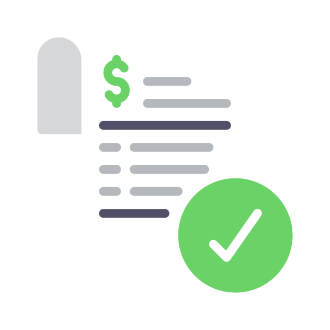 Invoice with dollar sign and check mark, indicating payment complete.