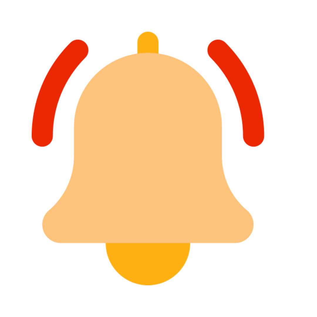 A light orange bell with a yellow clapper and top, with red arcs indicating ringing.