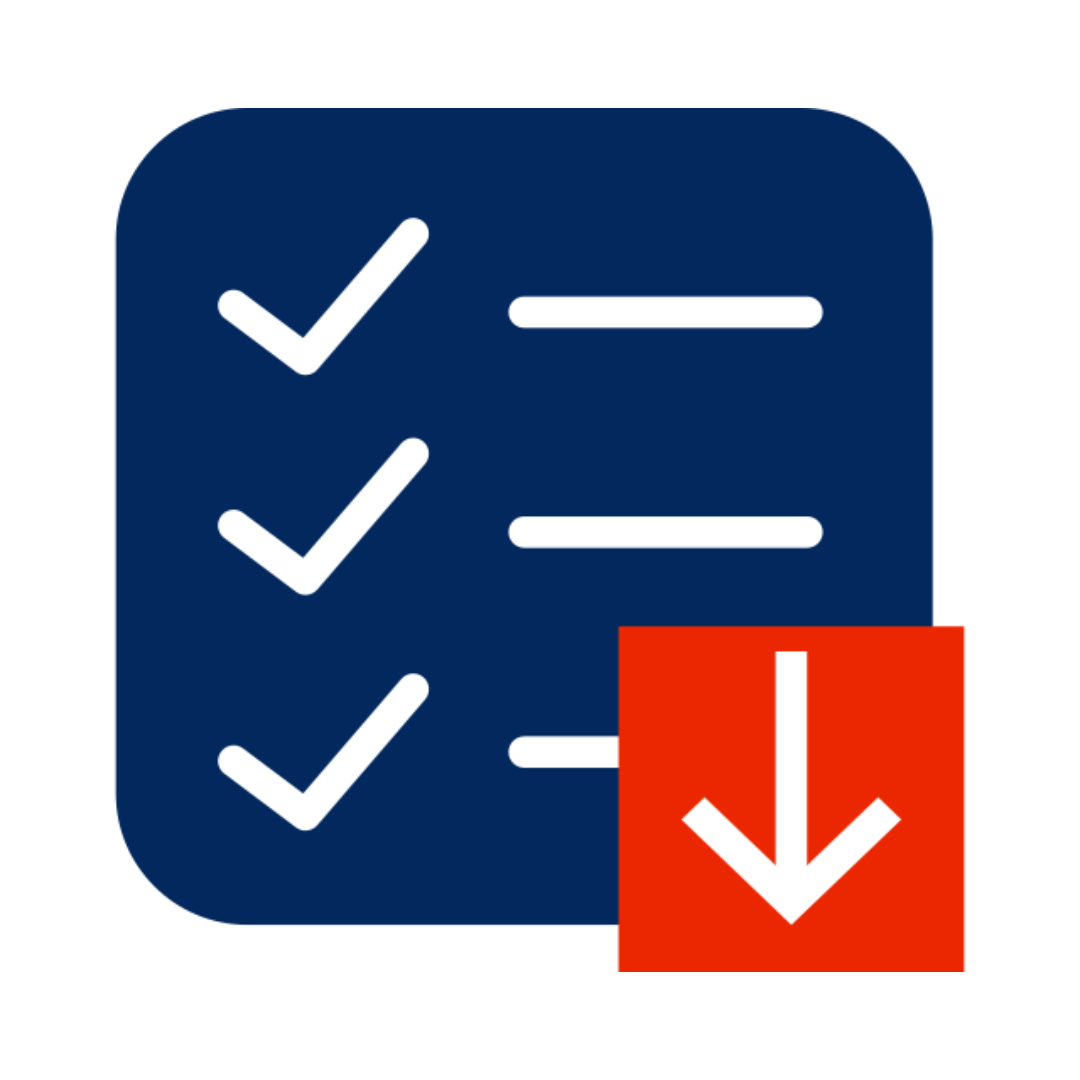 Checklist icon with three checked items and a download arrow.