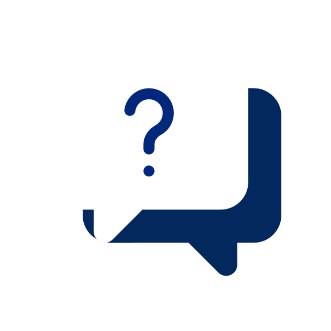 Blue speech bubble with question mark, indicating a question or inquiry.