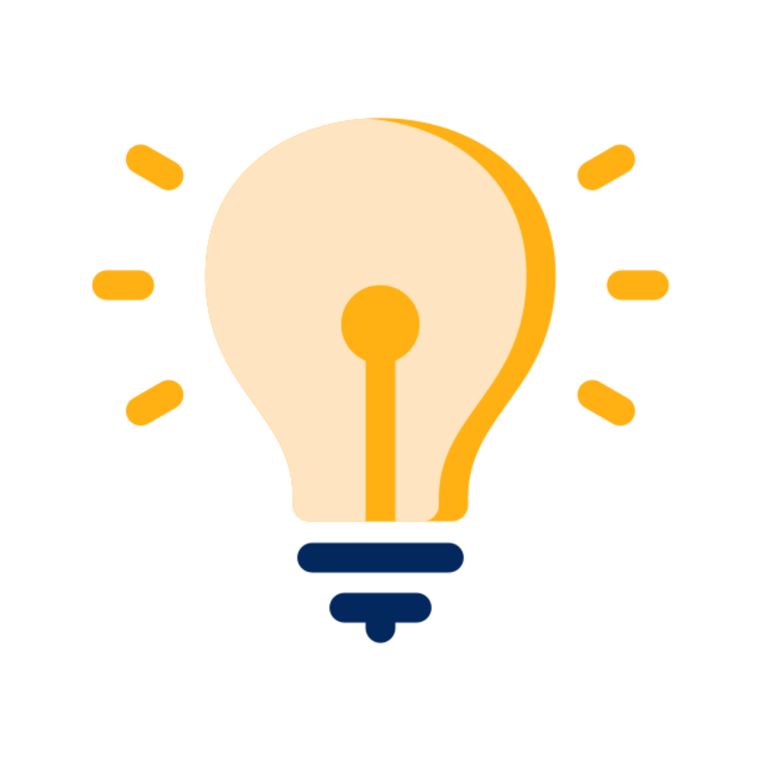 Glowing lightbulb icon with yellow and blue accents, representing an idea or solution.