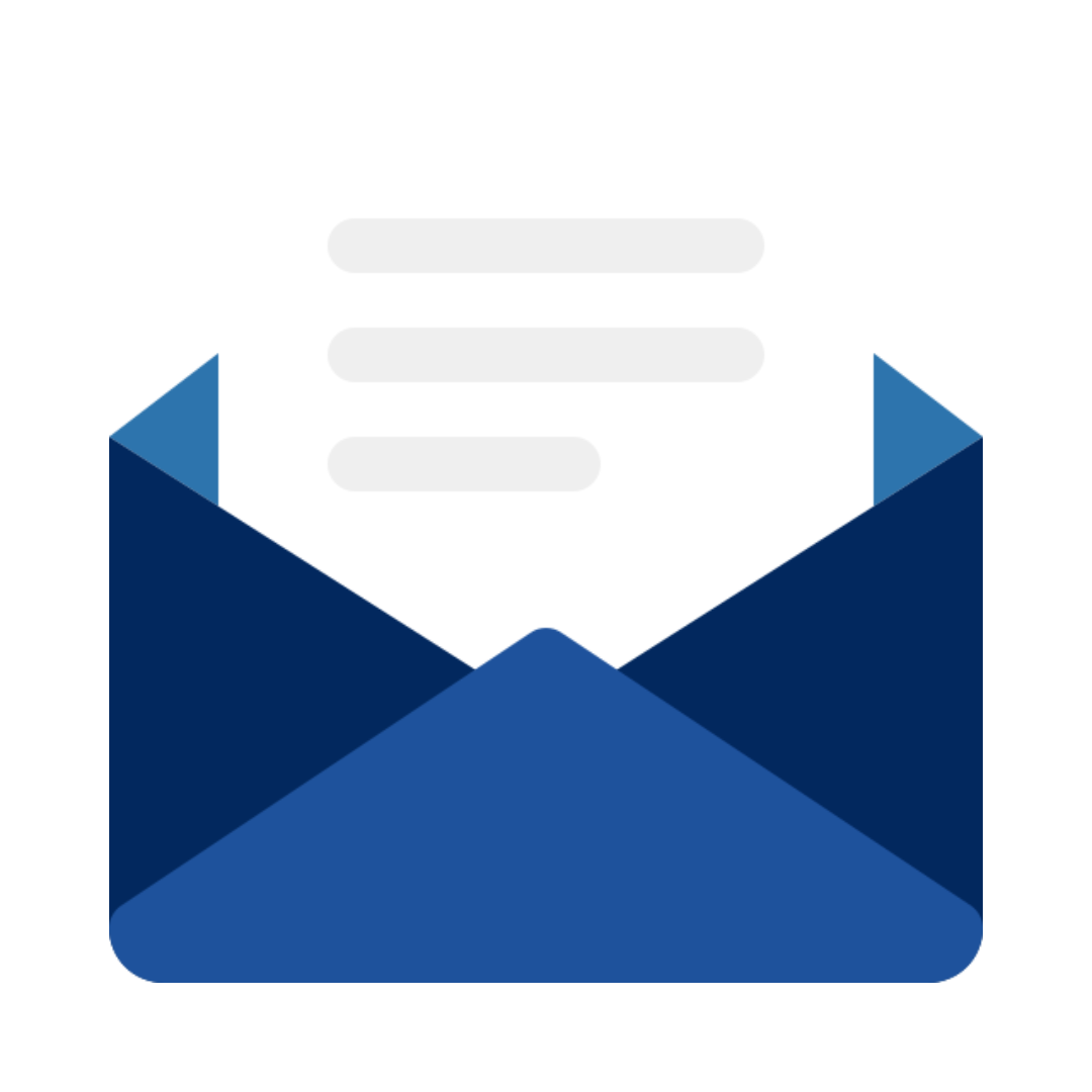 Blue envelope open with a white document inside.