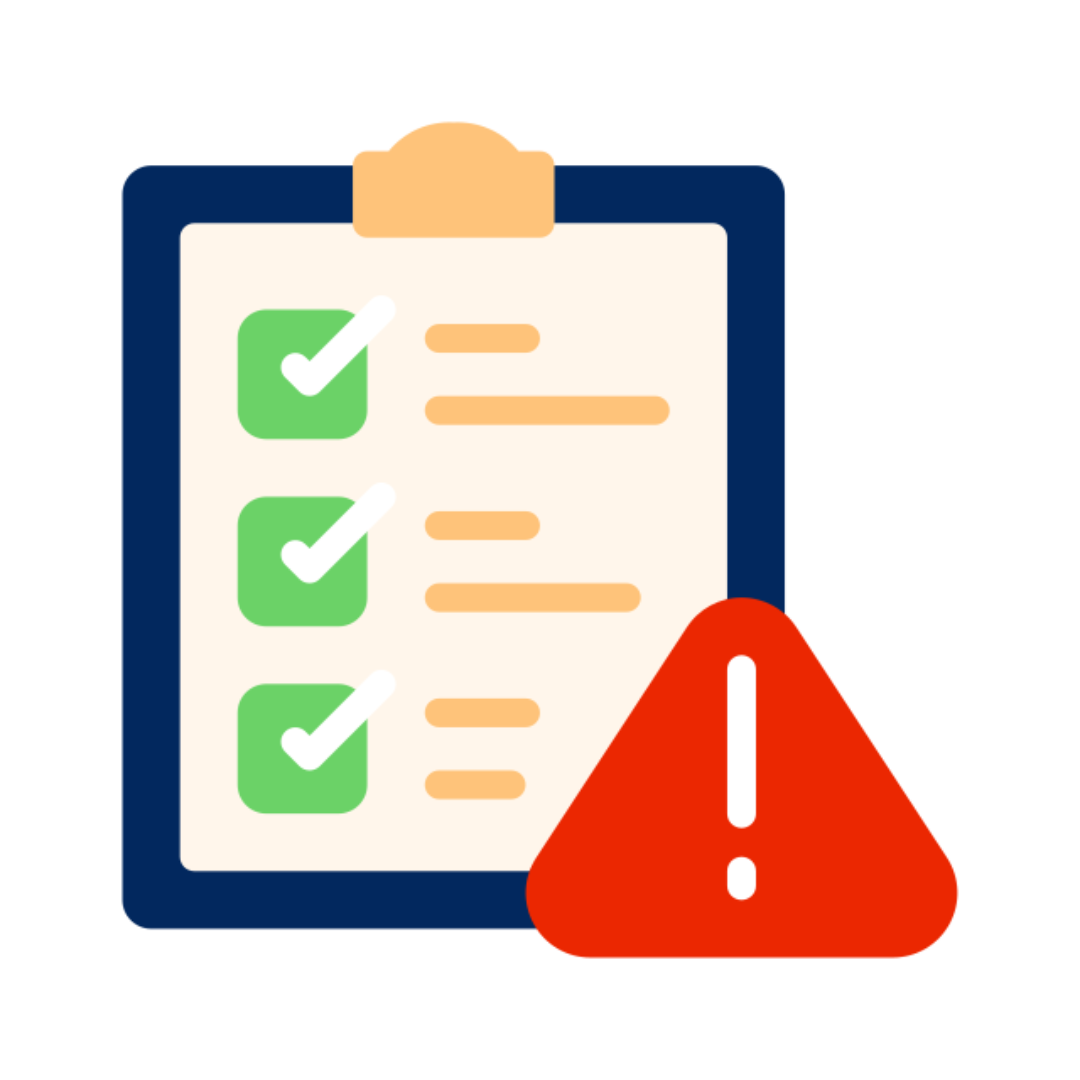 Checklist with three completed items, next to a red exclamation mark.