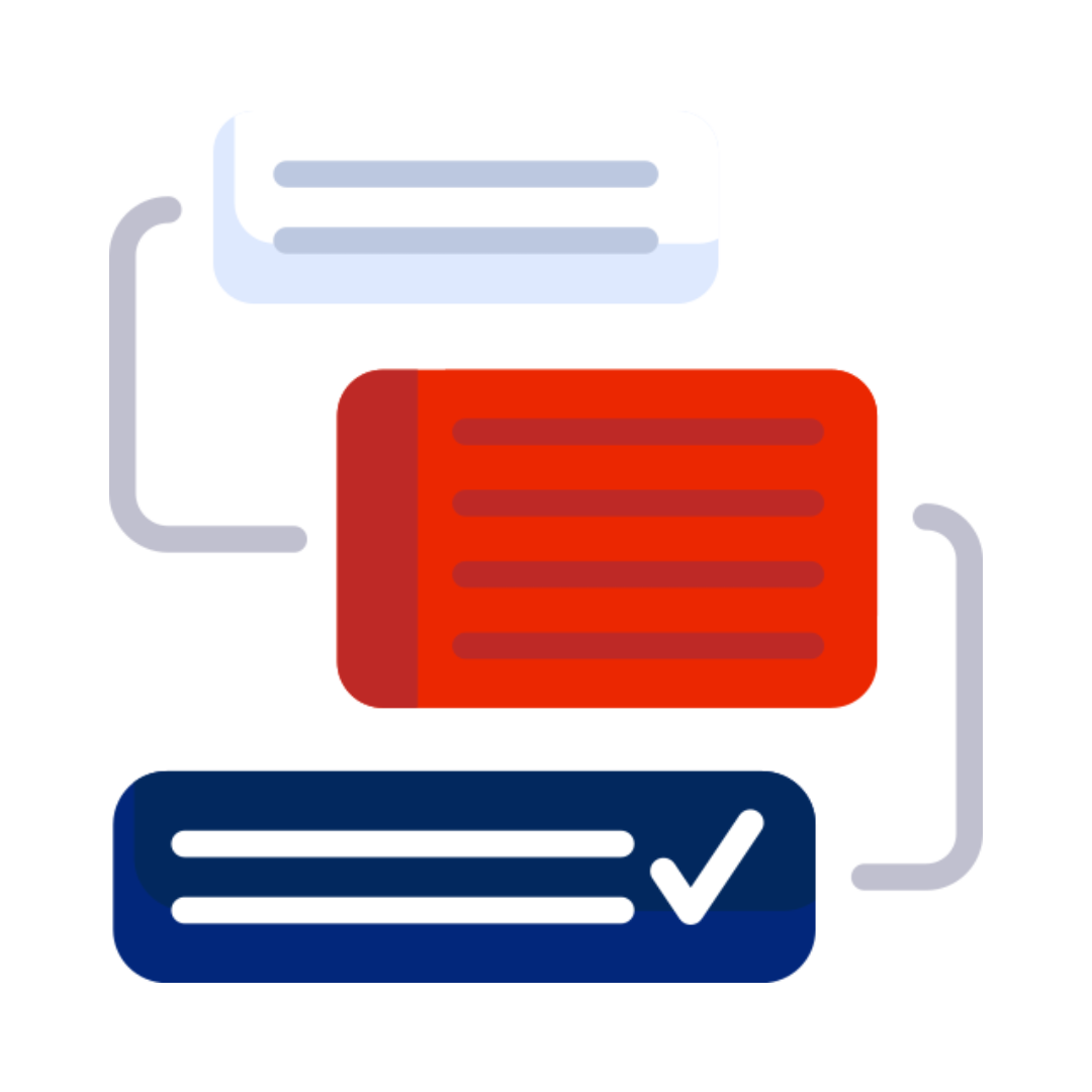 Flowchart illustrating process: top white block, red center block, and checked blue block.