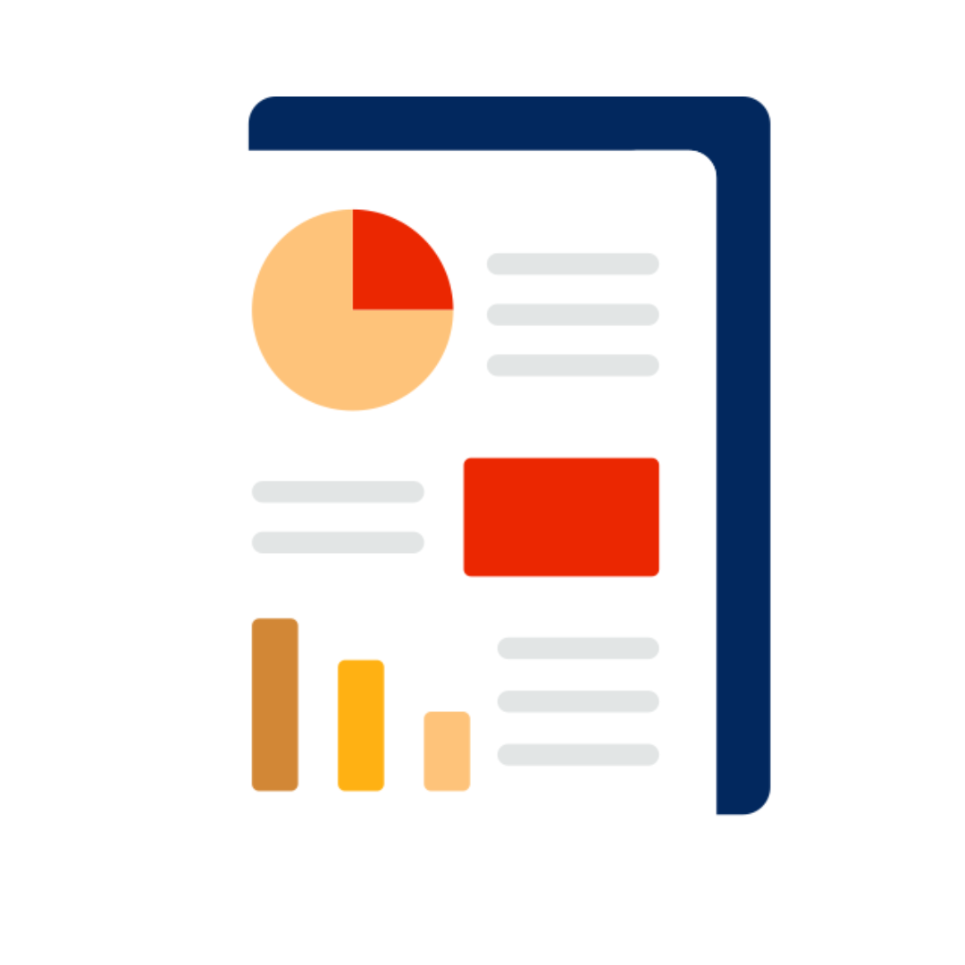 Report with chart, bar graph, and rectangle of data. Blue outline with red, tan, orange and white details.