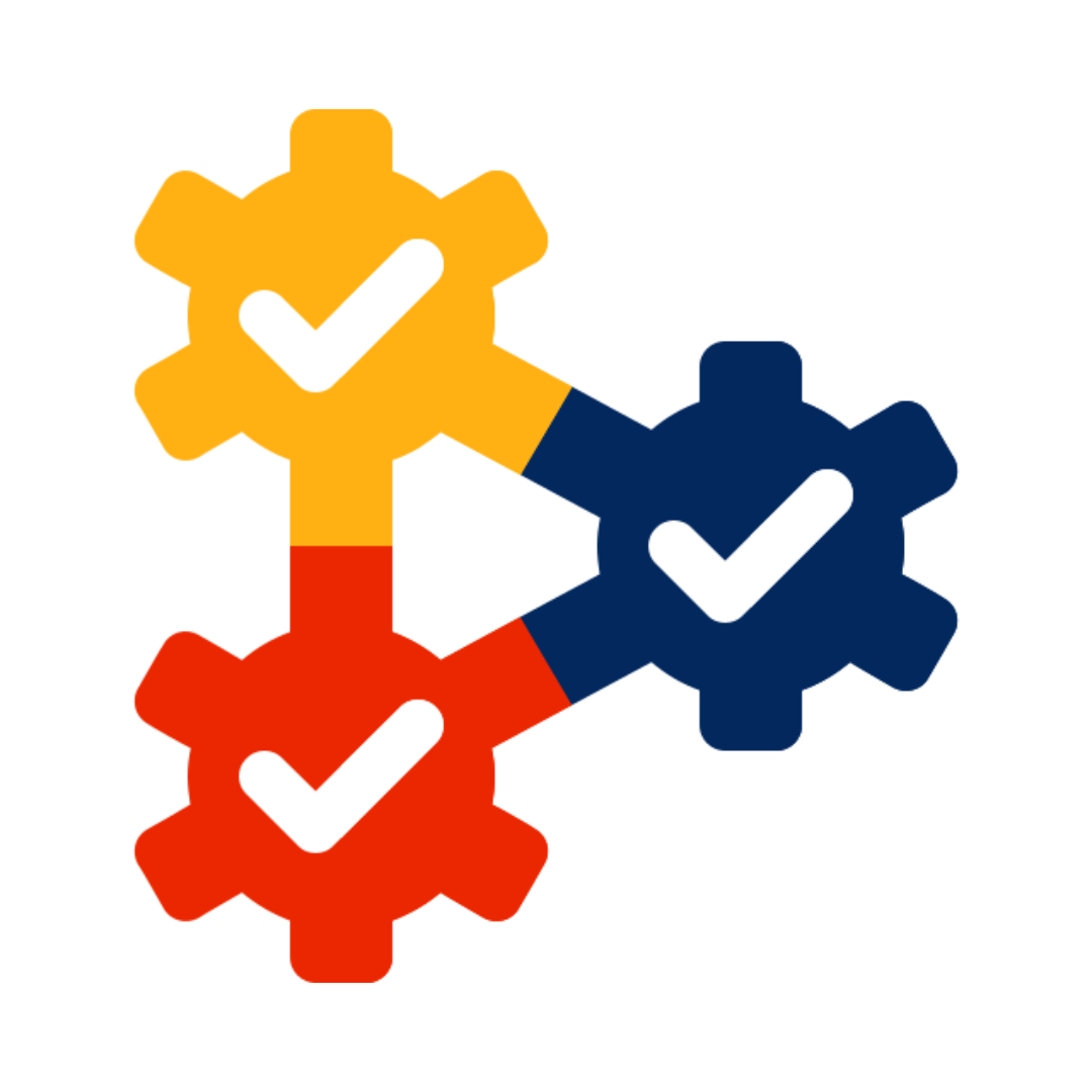 Three gears in orange, red, and blue, interlocked, each with a white checkmark, symbolizing teamwork.